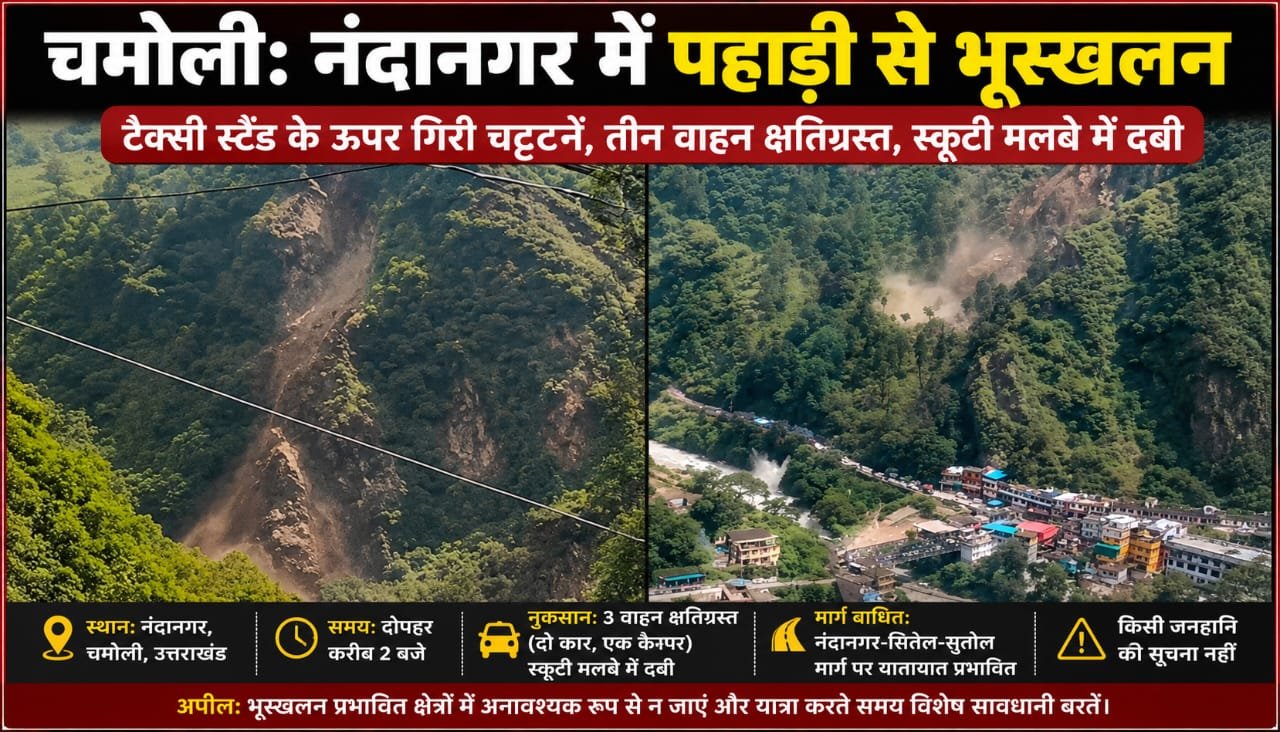 🚨 चमोली: नंदानगर में टैक्सी स्टैंड के ऊपर पहाड़ी से भूस्खलन, तीन वाहन क्षतिग्रस्त; स्कूटी मलबे में दबी